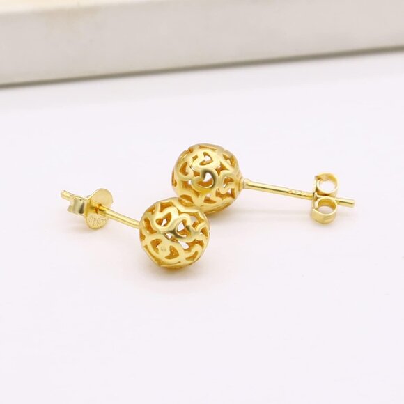 Women's Hollow Pattern Ball Pendant Stud Sterling Gold Earrings Jewelry - Picture 6 of 7